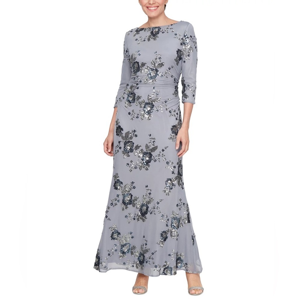 SLNY Long Sleeve Floral Dress in Gray